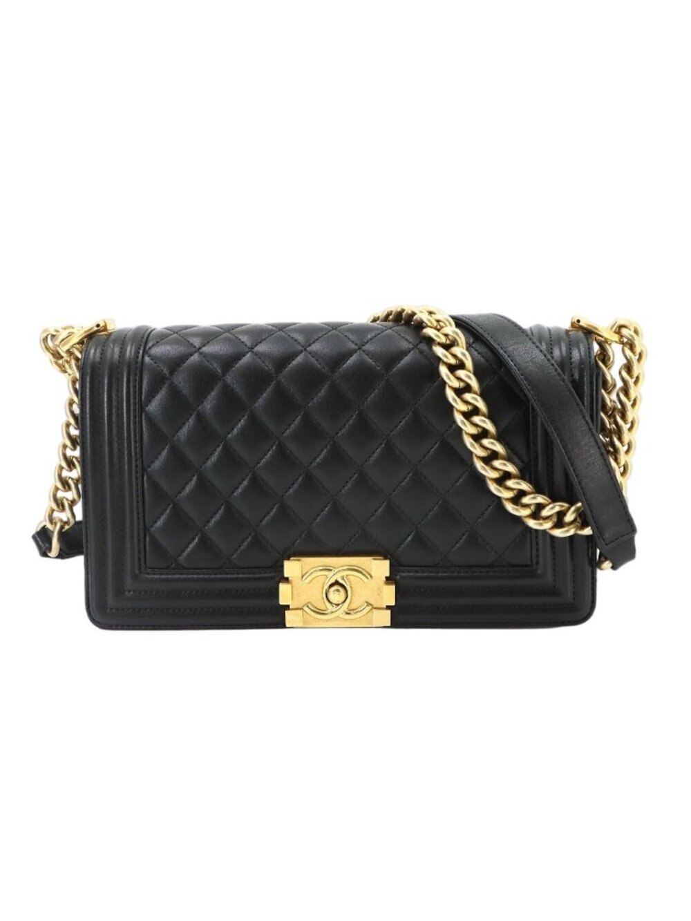 Chanel Boy Chain Shoulder Bag Lambskin Black Gold